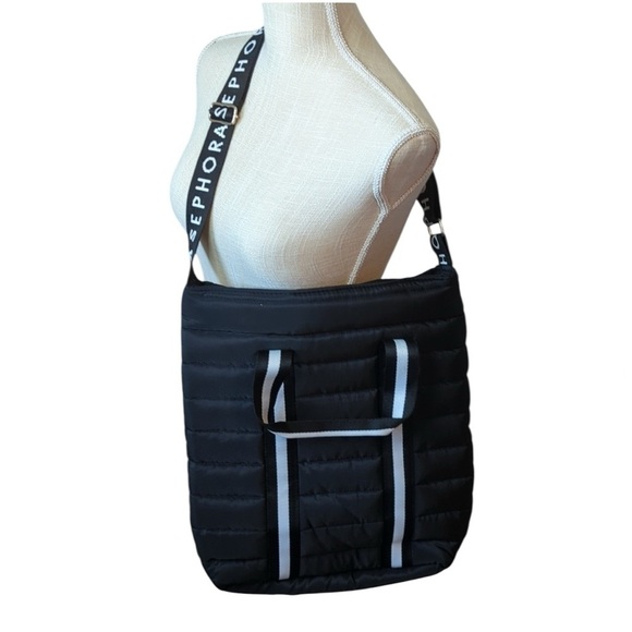 Sephora Black Quilted Puffer Bag Crossbody Boho Peasant Zip Closure - Picture 3 of 4